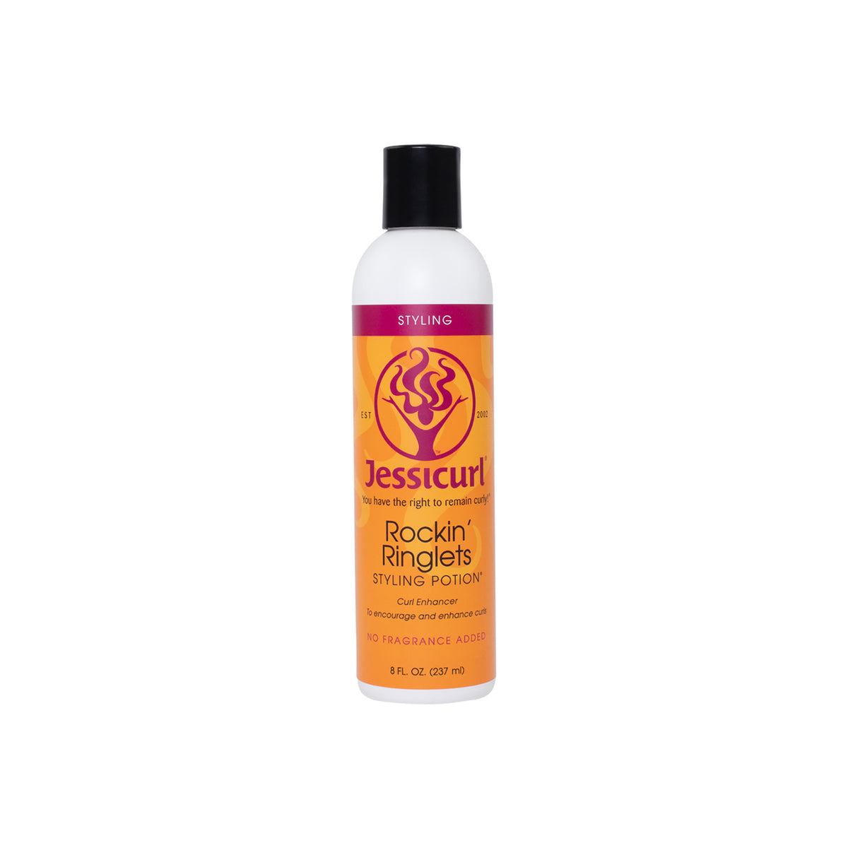 Jessicurl Rockin' Ringlets Styling Potion 235ml in white bottle with black cap and orange-purple label with curl motif.