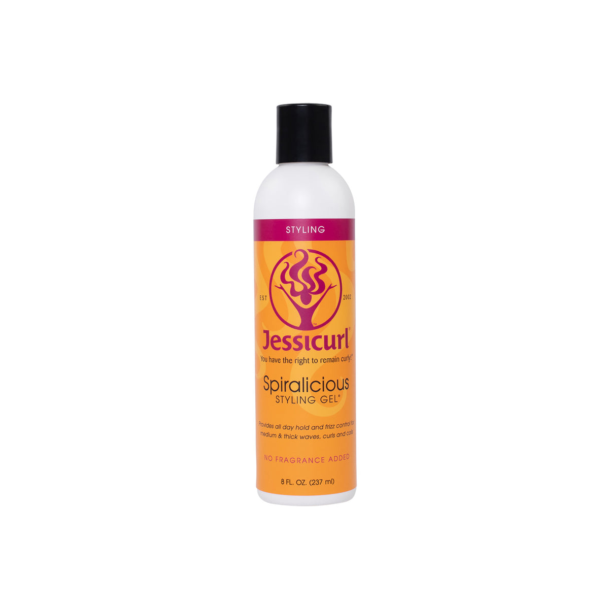 Jessicurl Spiralicious Styling Gel 235ml in white bottle with black lid and orange-purple label with curled logo.
