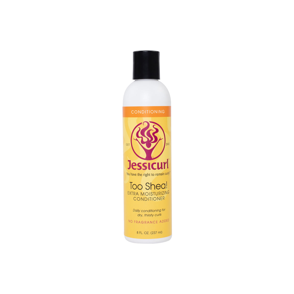 Jessicurl Too Shea! Extra Moisturizing Conditioner 235ml in white bottle with black lid and yellow-orange label with purple logo.