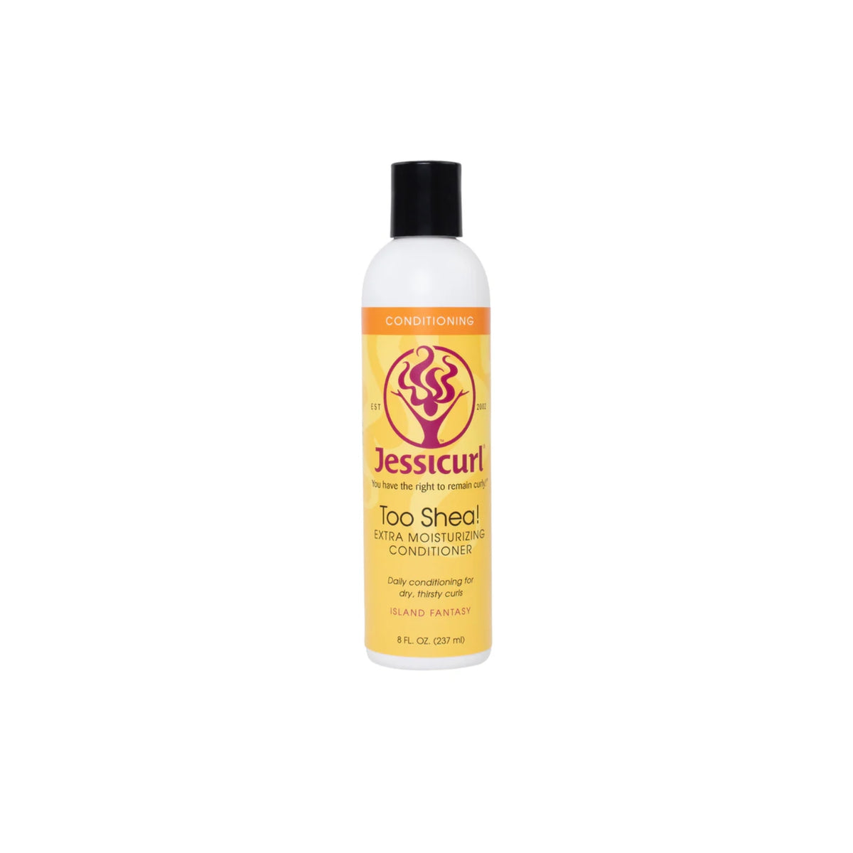 Jessicurl Too Shea! Extra Moisturizing Conditioner Island Fantasy 235 ml in white bottle with black cap, shown against white background.