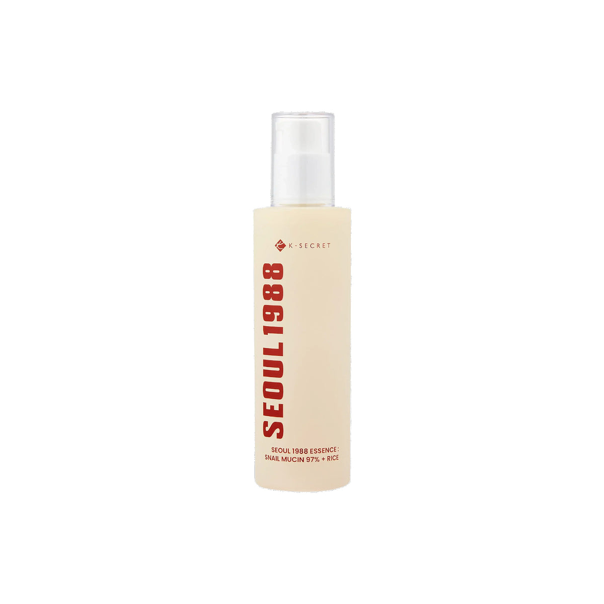 Light beige bottle with K-Secret Essence: Snail Mucin 97% + Rice 100 ml with red text and transparent lid on a white background.