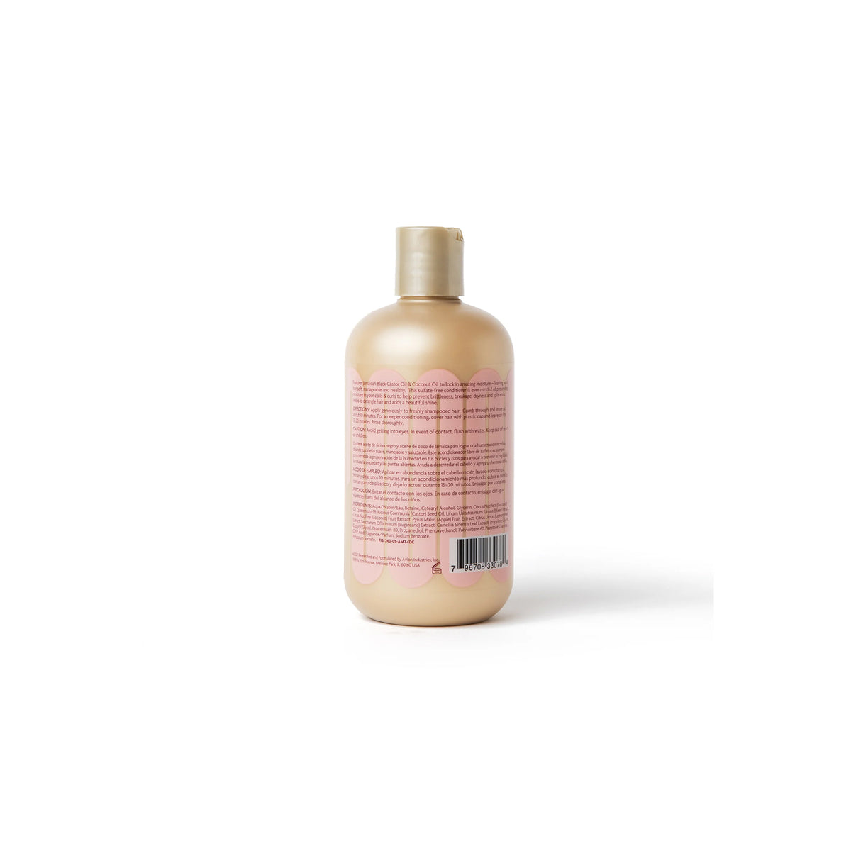 Back of a golden bottle of Keracare Curlessence Moisturizing Conditioner with product information and barcode.