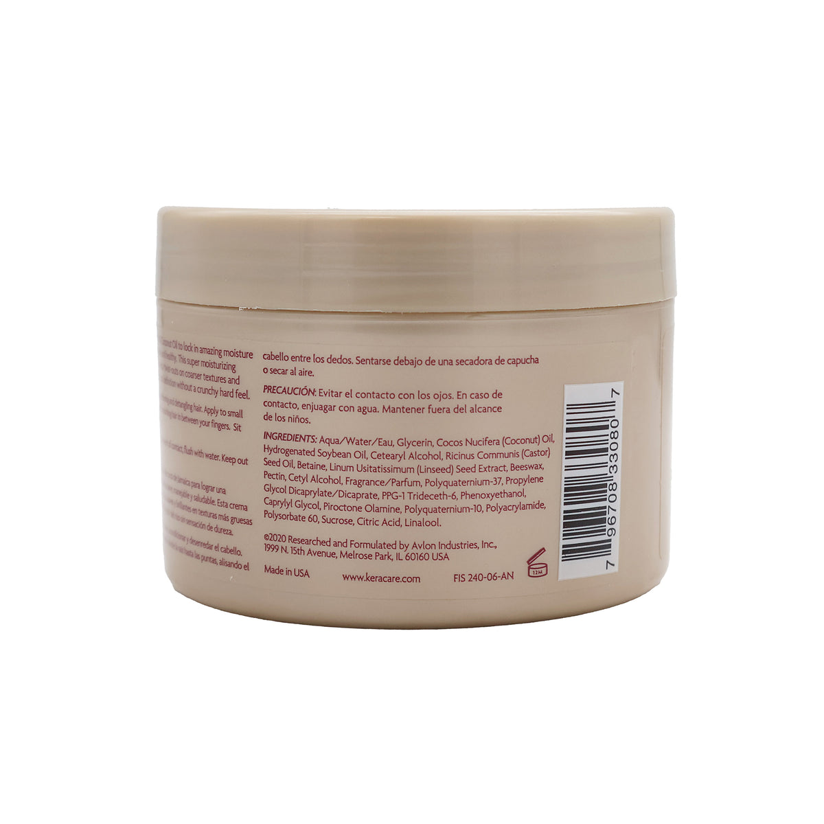 The back of the KeraCare Curlessence Moisturizing Curling Cream jar with information in English and Spanish, including ingredients list.