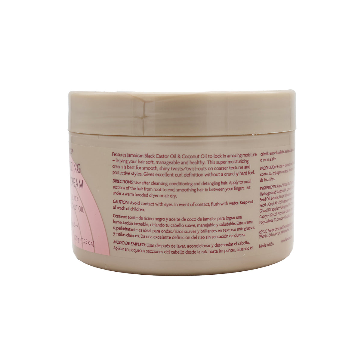 The back of the KeraCare Curlessence Moisturizing Curling Cream jar with information in English and Spanish, including ingredients list.

