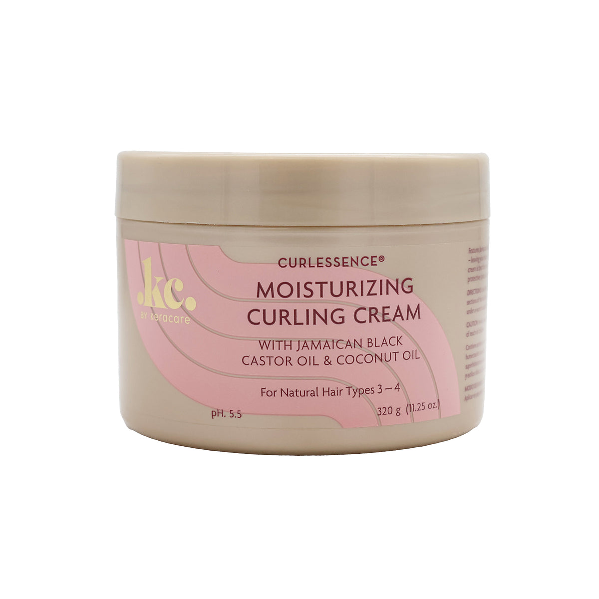 Container with KeraCare Curlessence Moisturizing Curling Cream. A moisturizing cream designed to define and moisturize type 3-4 natural curls, enriched with Jamaican black castor oil and coconut oil.
