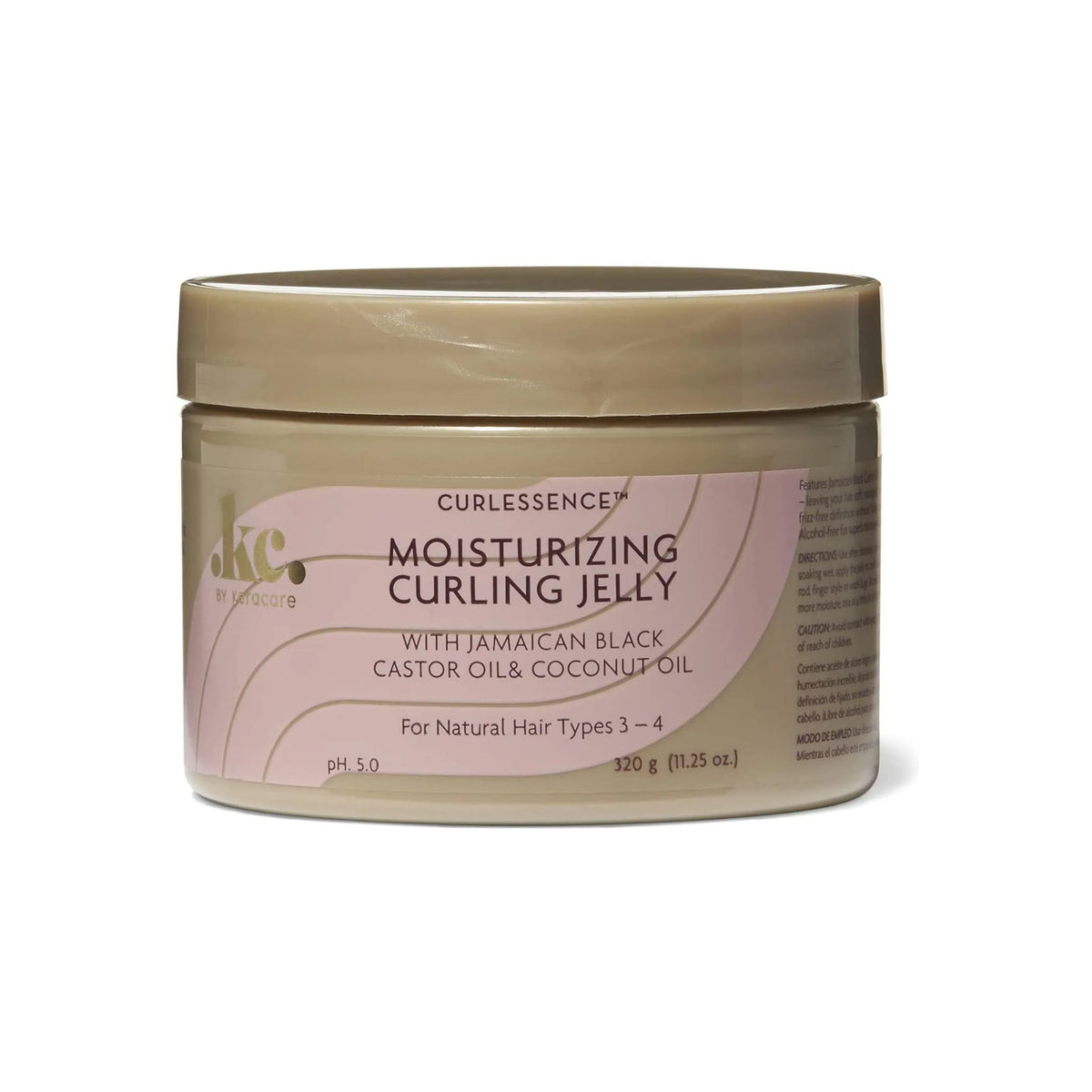 Container with KeraCare Curlessence Moisturizing Curling Jelly. A moisturizing gel designed to define and moisturize type 3-4 natural curls, enriched with Jamaican black castor oil and coconut oil.