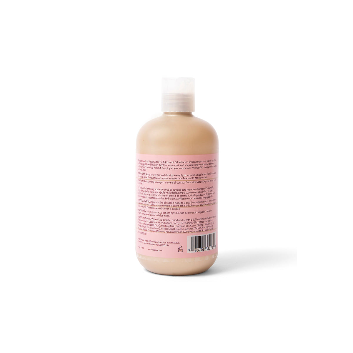 The back of the KeraCare Curlessence Moisturizing Shampoo bottle. Shows product description, ingredients list and instructions for use in English and Spanish.
