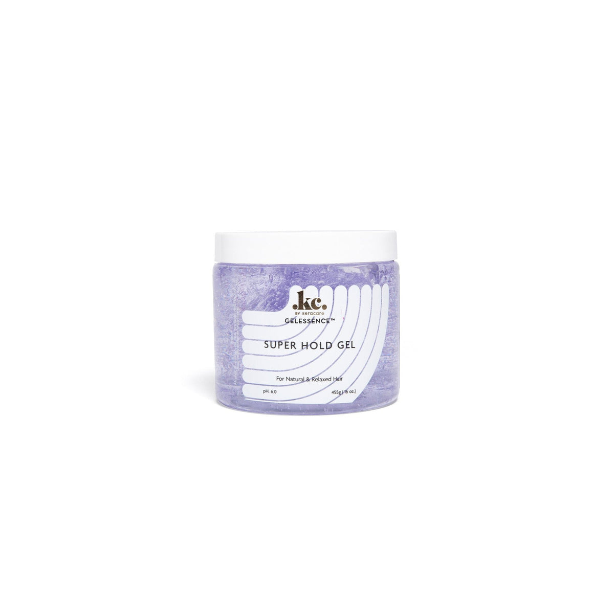 Clear plastic container with white lid, containing purple/bluish Keracare Gelessence Super Hold Gel. 