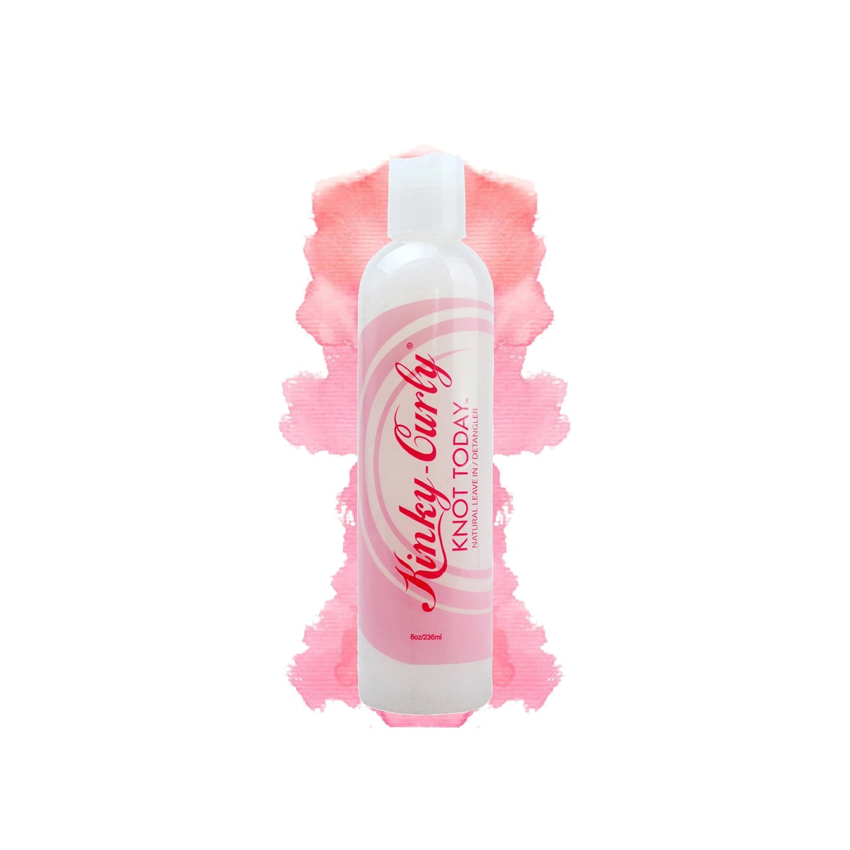 White bottle with pink label stating "Kinky-Curly Knot Today Natural Leave-in/Detangler". Net content 236 ml. Pink watercolor background.