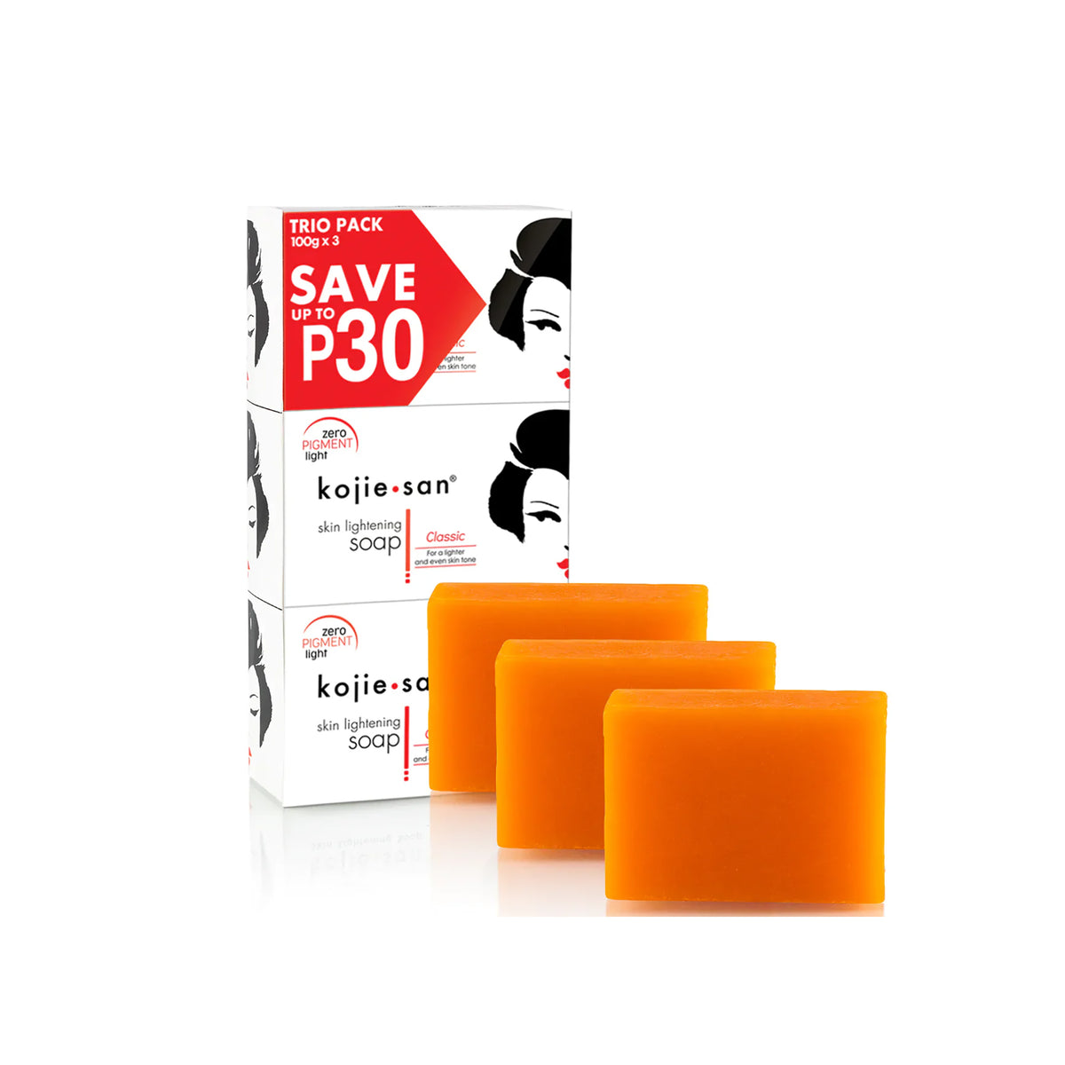 Three orange bars of Kojie San Skin Lightening Soap next to three white boxes in a 3-pack. Each soap contains kojic acid and weighs 100 grams.
