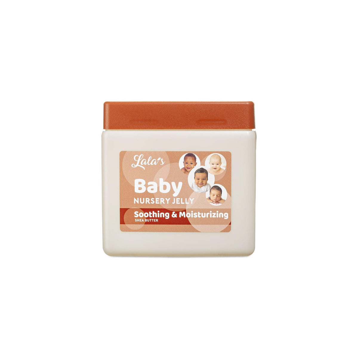 Container of Lala's Baby Nursery Jelly (368g) with Shea Butter, which has a soothing and moisturizing effect on baby's skin.
