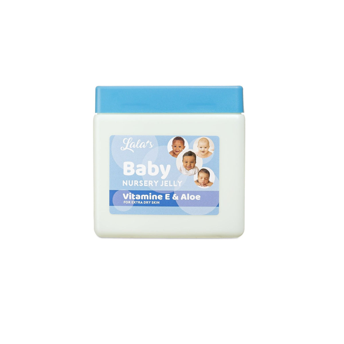 Container with Lala's Baby Nursery Jelly, enriched with Vitamin E and Aloe Vera, to relieve extra dry baby skin.