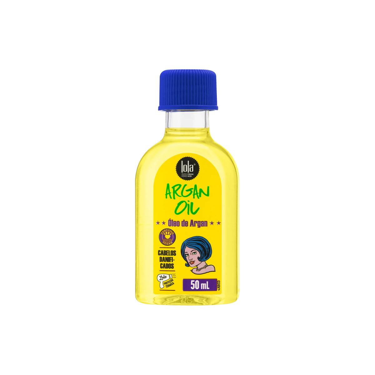 Bottle of Lola Argan Oil 50ml in clear yellow liquid, yellow label and blue cap for care of damaged hair.