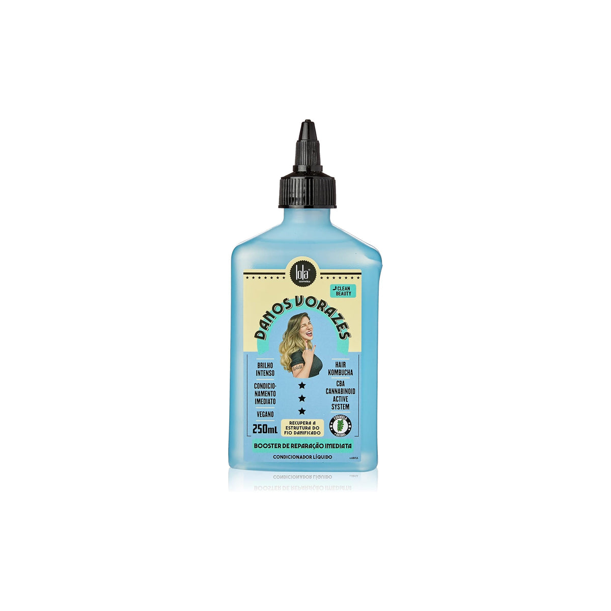 Blue bottle with Lola Danos Vorazes Immediate Repair Booster Conditioner 250ml for damaged hair, with a drawing of a woman and info text on the label.