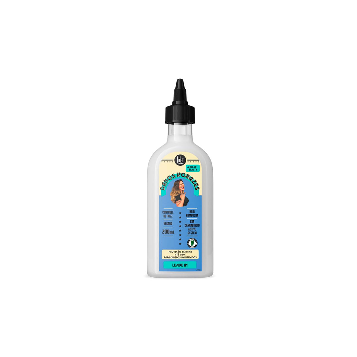 Plastic bottle with Lola Danos Vorazes Leave-In Finisher 200ml with blue label and black lid for mug control and heat protection.