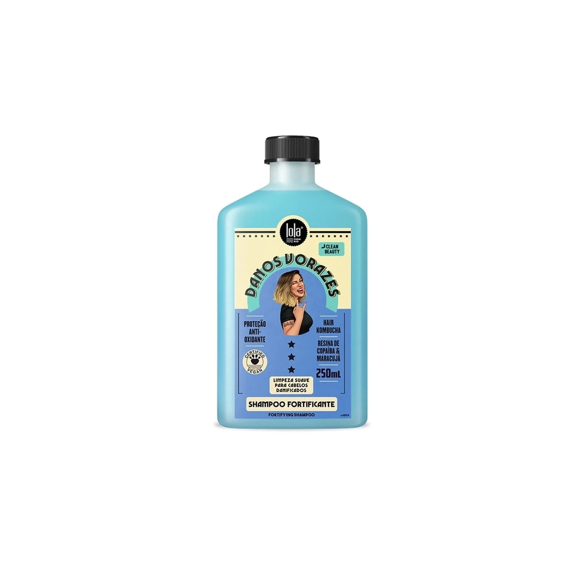Blue bottle of Lola Danos Vorazes Strengthening Shampoo 250ml with black lid and colorful label with a woman's portrait.