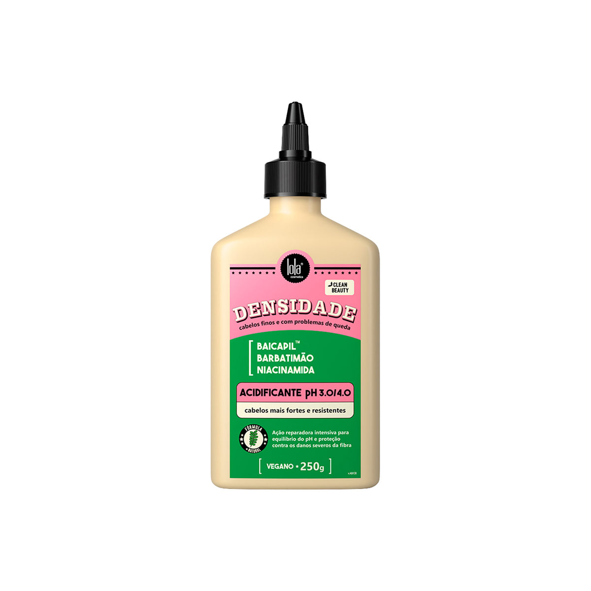 Light beige bottle with Lola Densidade Acidifying Hair Cream 250ml, green and pink label with black spout cap and product information.