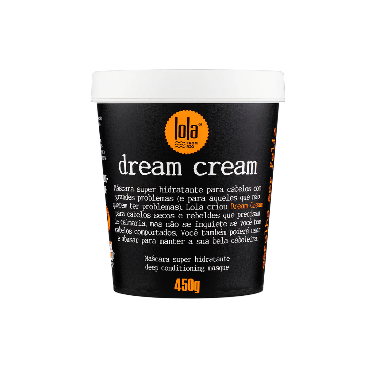 Black bucket with Lola Dream Cream Mask 450ml for deep-acting hair care, with white lid and orange logo on the front.