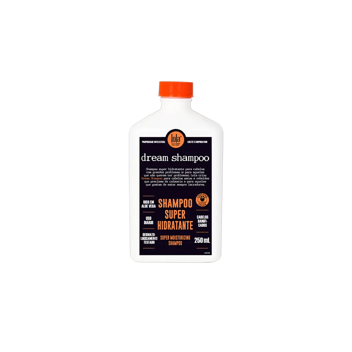 White plastic bottle with orange lid with the text Lola Dream Shampoo 250ml, super moisturizing shampoo for dry hair.