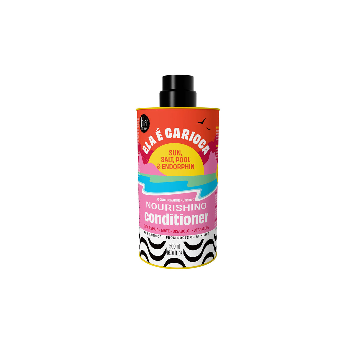 Colorful bottle of Lola Ela E Carioca Nourishing Conditioner 500ml with beach-inspired design and black lid.