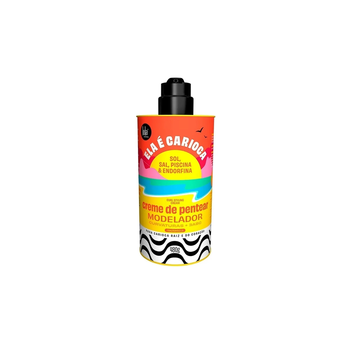 Lola Ela E Carioca Curl Styling Cream 3ABC 480ml in colorful yellow, red and blue bottle with black pump.