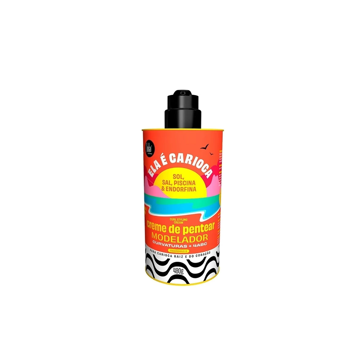 Bottle of Lola Ela E Carioca Curl Styling Cream 4ABC 480ml with colorful design in red, yellow and blue on a white background.