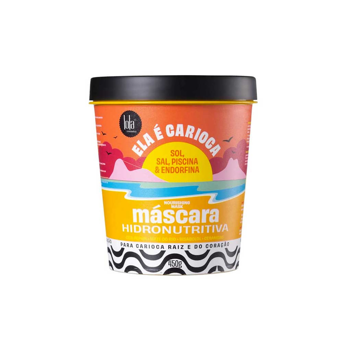 Colorful bucket of Lola Ela E Carioca Nourishing Mask 450ml with sunset graphics and tropical beach motif.