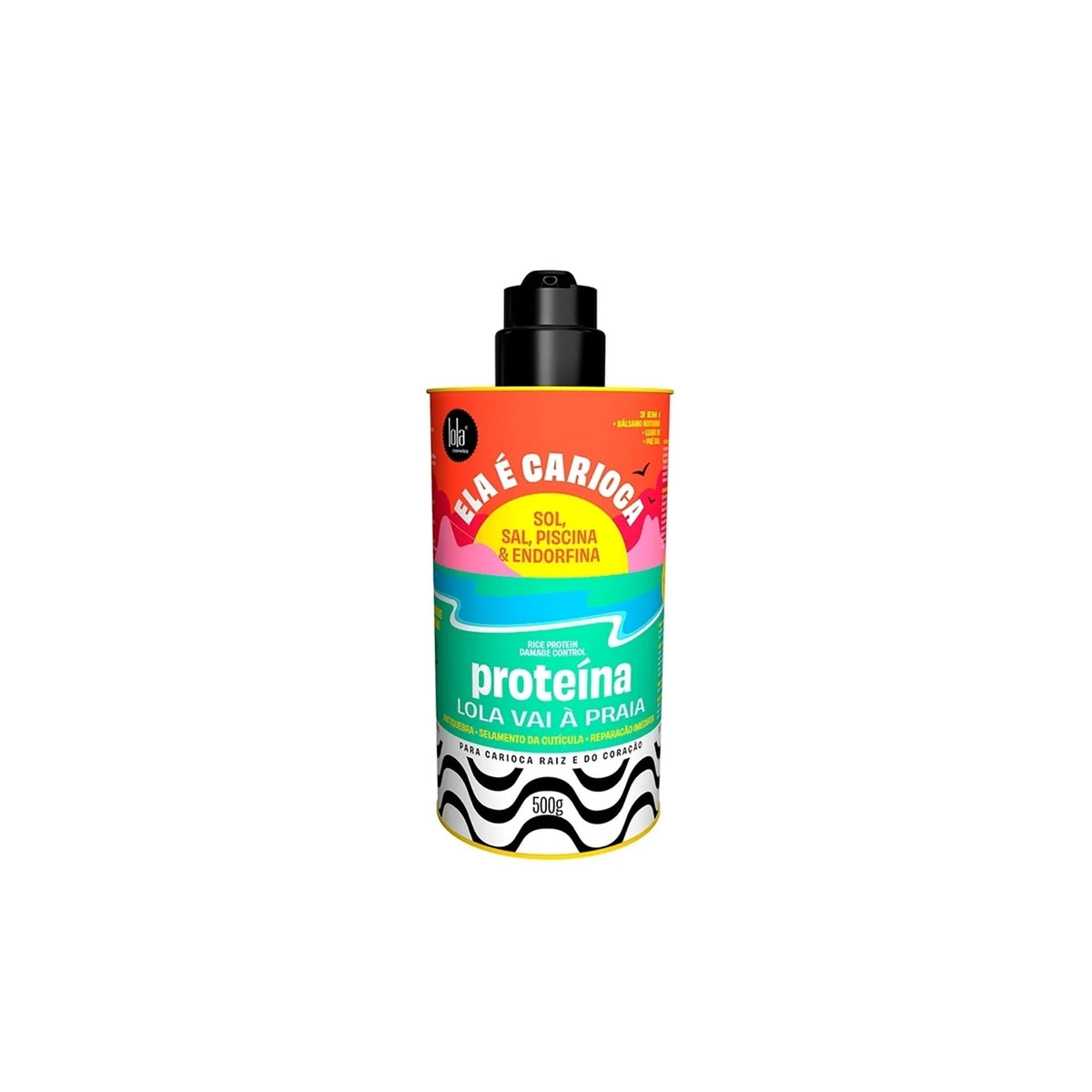 Colorful bottle of Lola Ela E Carioca Rice Protein 500ml for hair care, designed with beach theme and black pump.