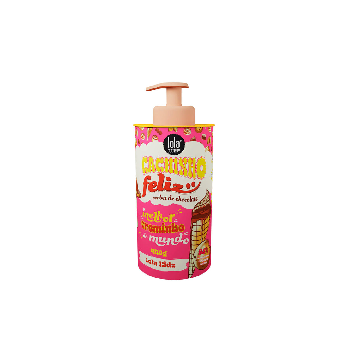 Lola Feliz Chocolate Curl Styling Cream for Kids 450ml in colorful pink packaging with pumps and ice cream motif.