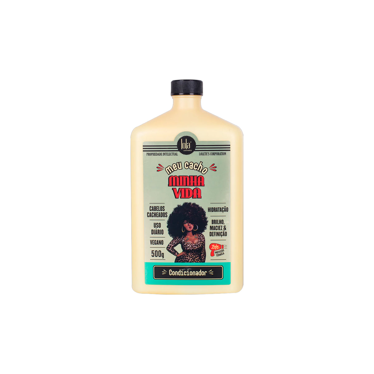 Light beige bottle of Lola Meu Cacho Minha Vida Curl Conditioner 500ml for curly hair, shown with colorful label and retro illustration.