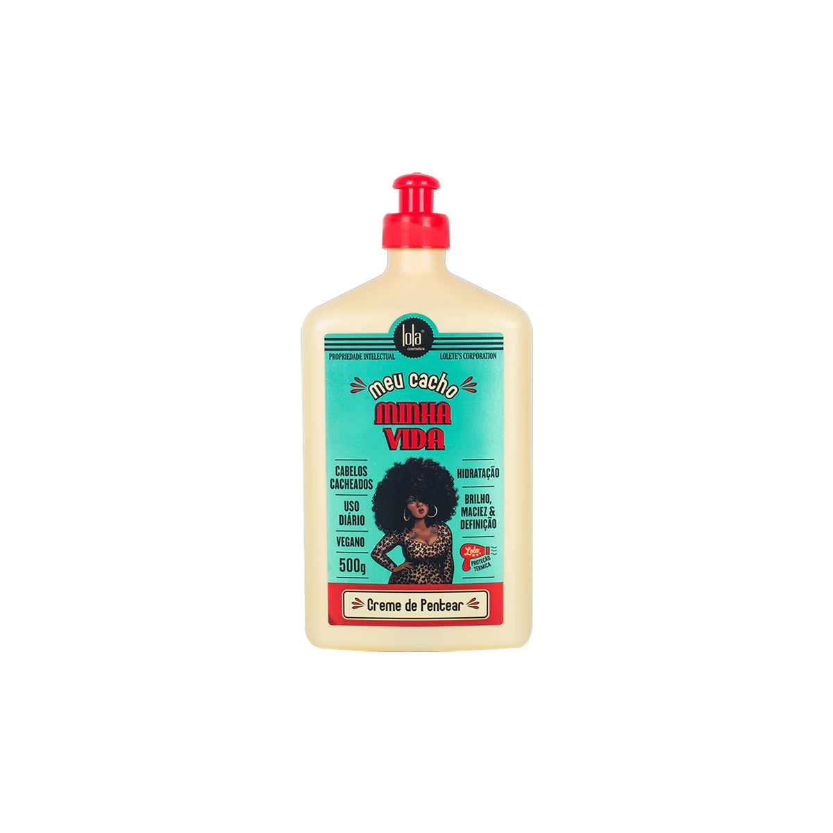 Bottle of Lola Meu Cacho Minha Vida All-in-one Combing Cream 500ml with red pump and light blue label for curly hair.