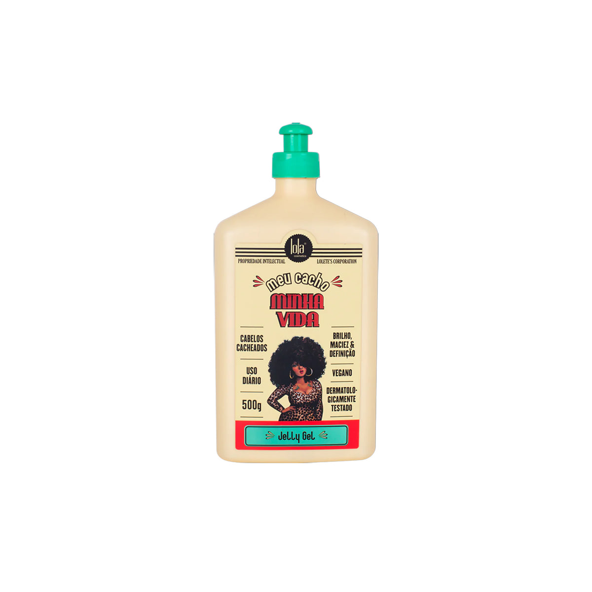 Bottle of Lola Meu Cacho Minha Vida Jelly Gel 500ml with pump, designed for curly hair, on a light background.