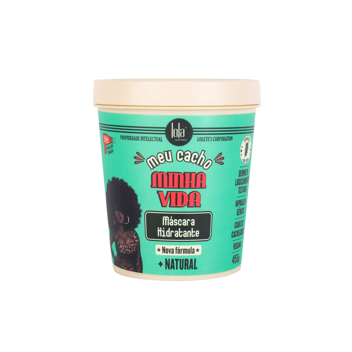 Light turquoise bucket with Lola Meu Cacho Minha Vida Moisturizing Mask 450ml, decorated with retro drawing and red lettering.