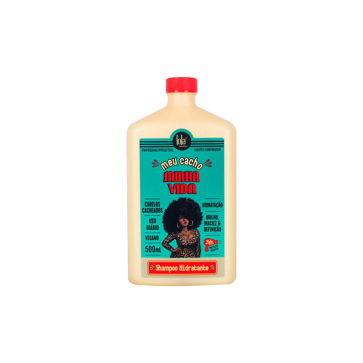 Bottle of Lola Meu Cacho Minha Vida Moisturizing Shampoo 500ml with red cap and turquoise label for curly hair.