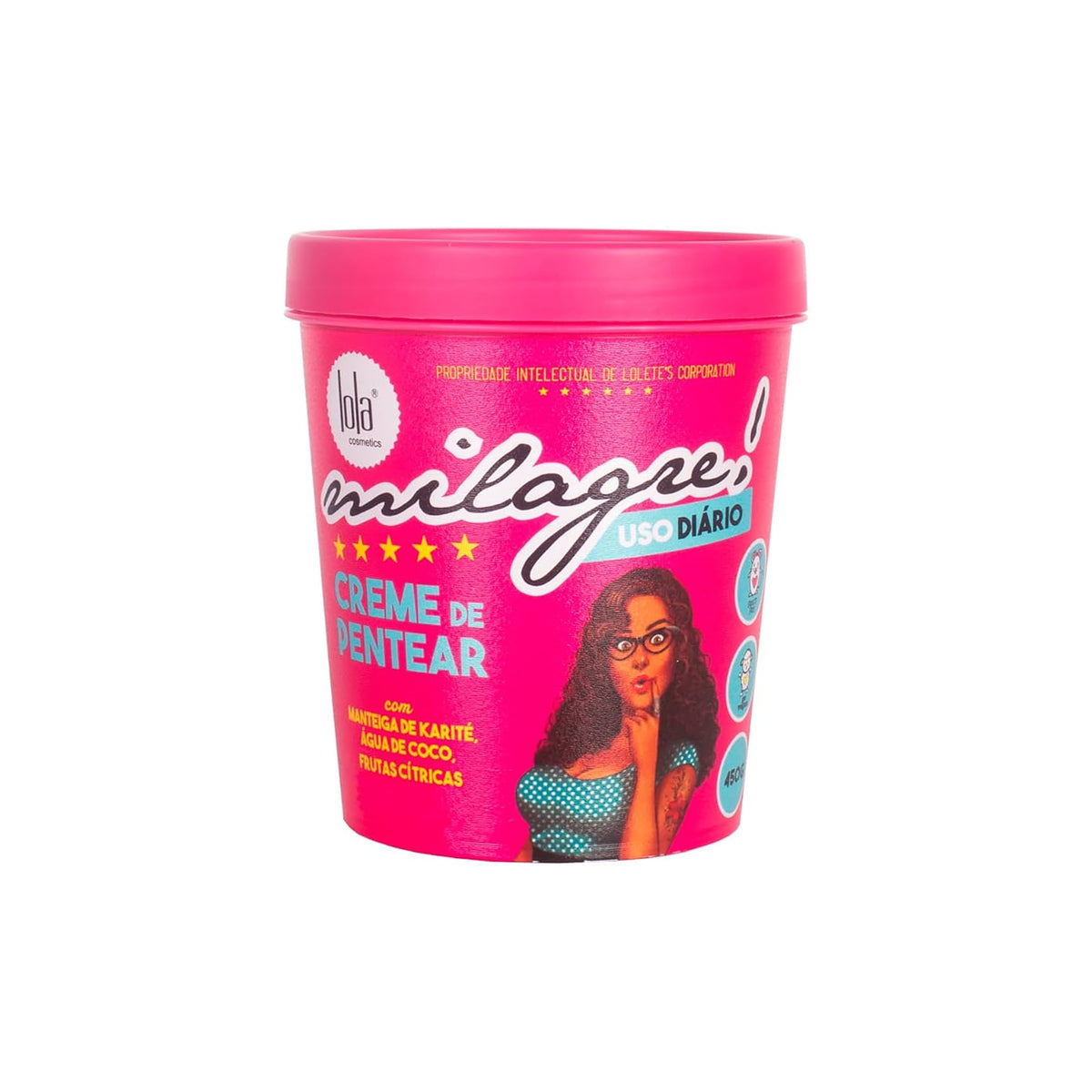 Lola Milagre! Styling Cream 450ml in pink bucket with retro design and ingredients such as shea butter and coconut water.
