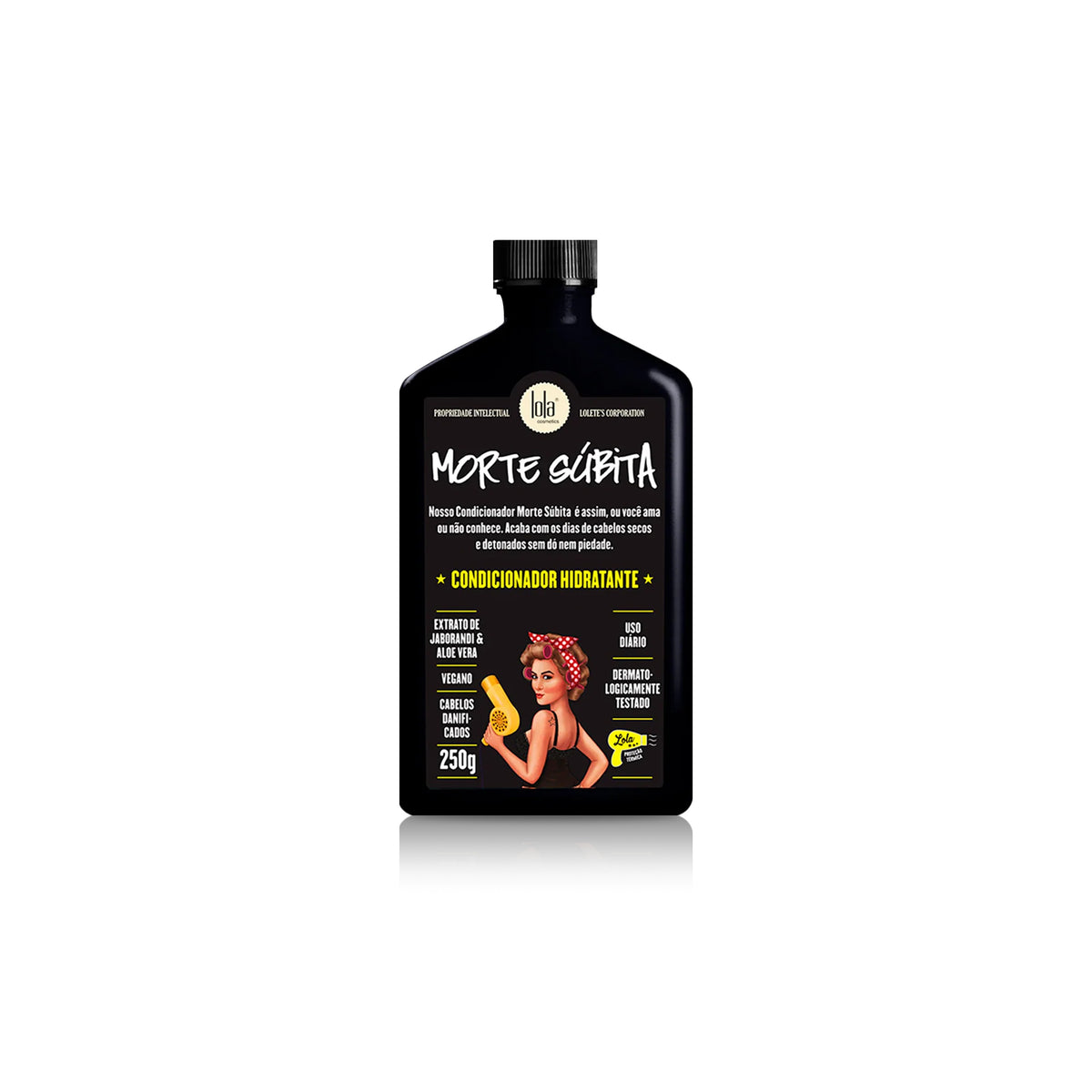 Black bottle of Lola Morte Subita Moisturizing Conditioner 250ml with yellow text, retro illustration and details about vegan hair care.