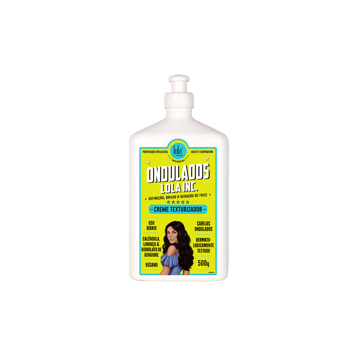 Light yellow bottle of Lola Ondulados Texurizing Cream 500ml for wavy hair, with pump and colorful label with illustration.