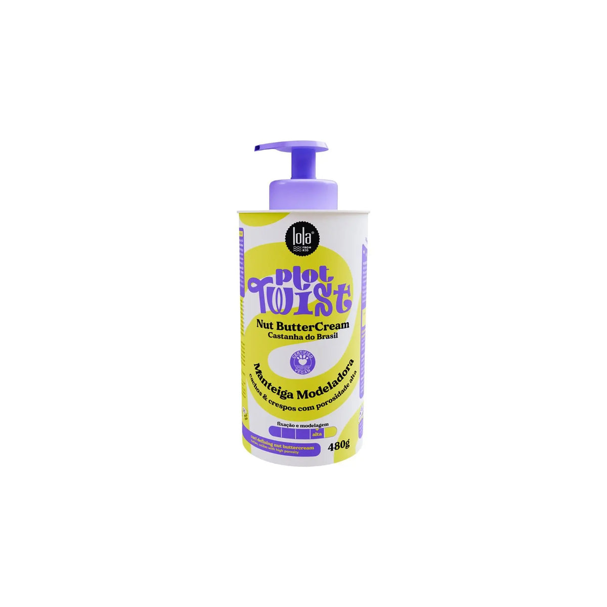 Purple and yellow pump bottle with **Lola Plot Twist Nut Butter Cream 480ml** for curly and dry hair.