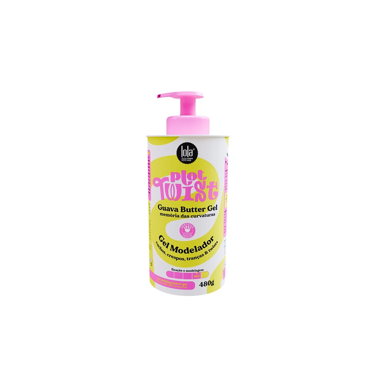 Bottle of Lola Plot Twist Guava Butter Gel 480ml in pink and yellow with pump, designed for curly and textured hair.