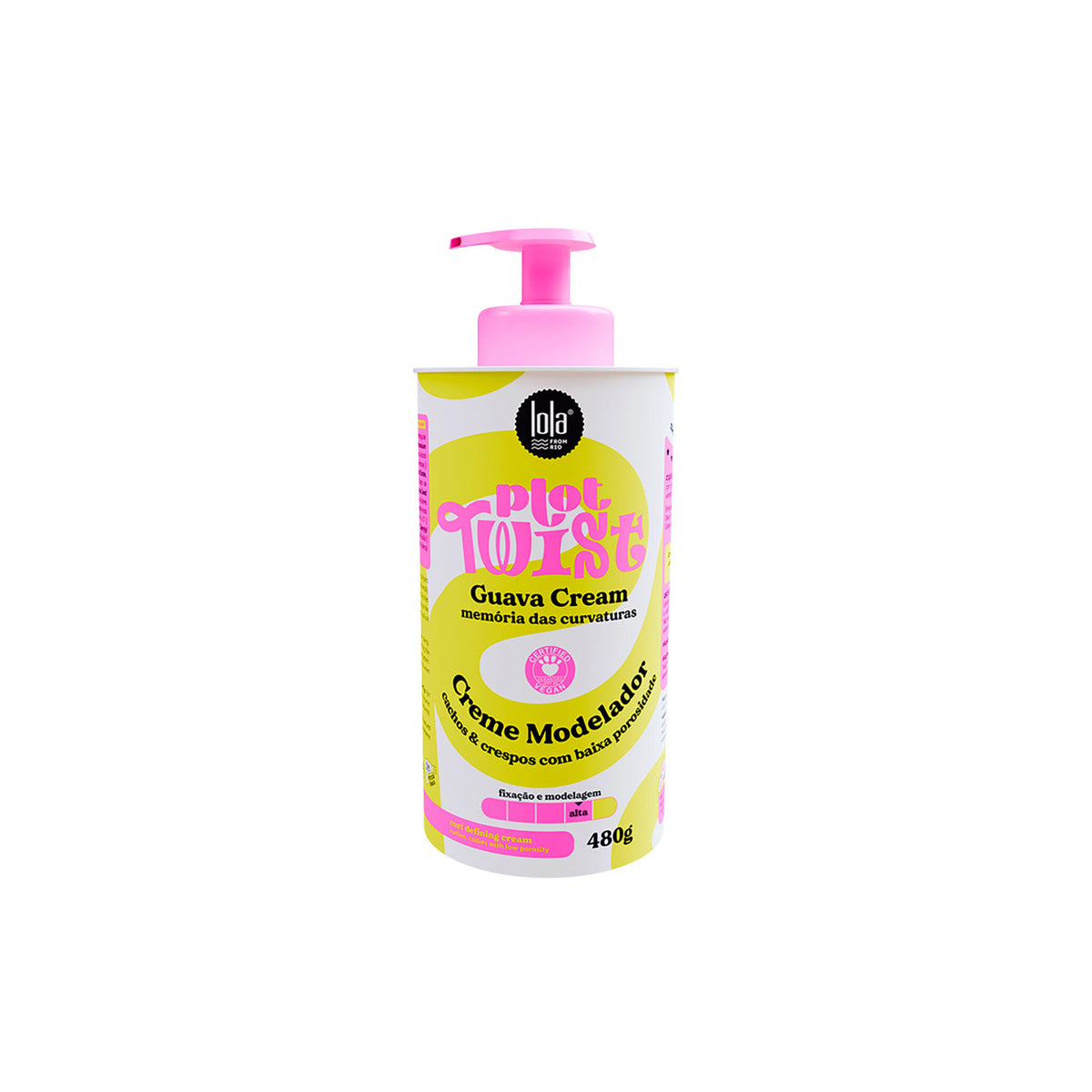 Light pink pump bottle with Lola Plot Twist Guava Cream 280ml for curly and frizzy hair, standing against white background.