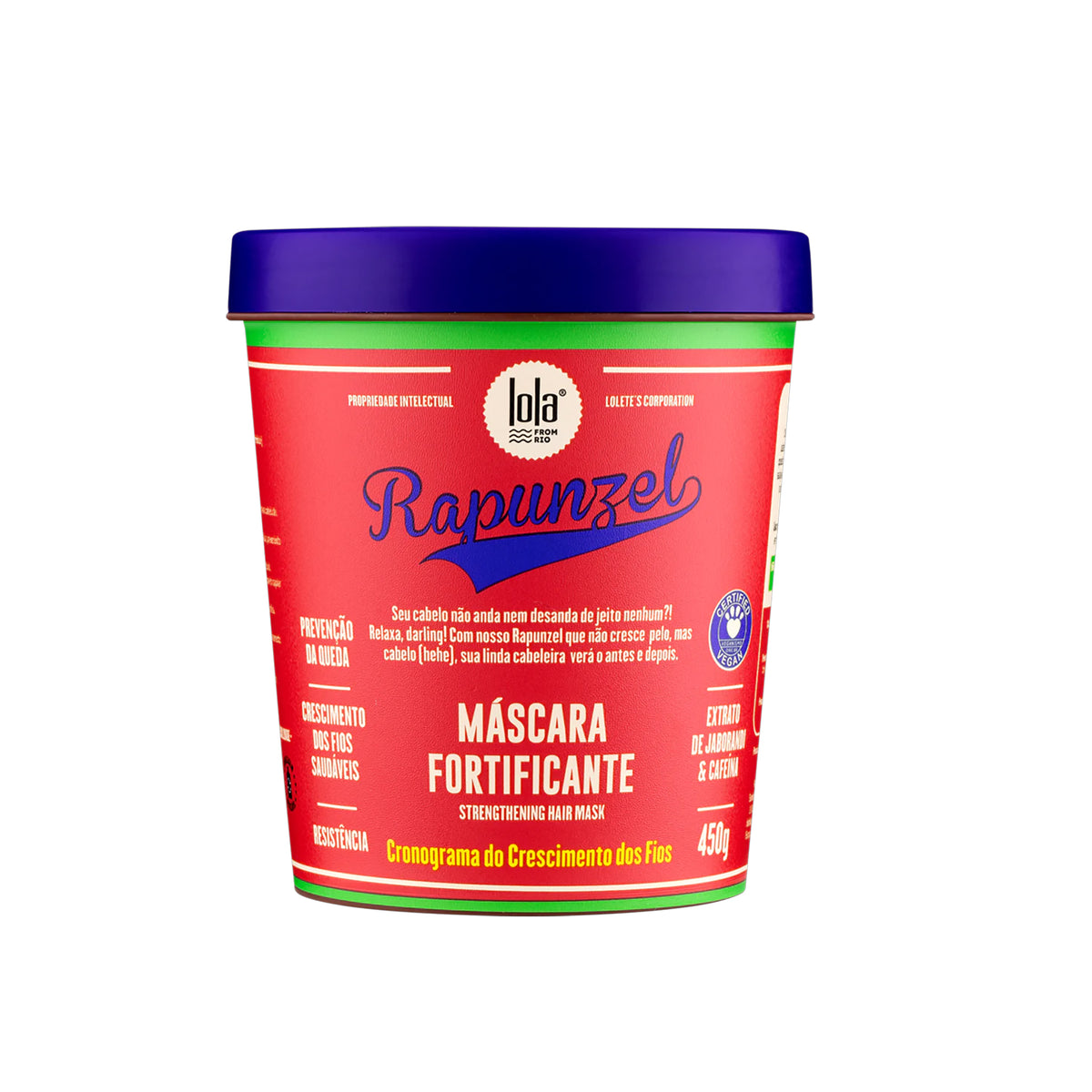 Lola Rapunzel Strengthening Mask 450ml in red and green container with purple lid and text highlighted in white and blue.