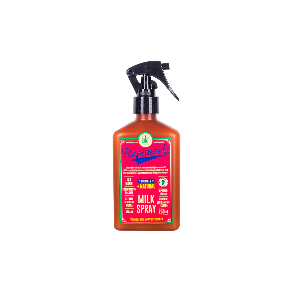 Lola Rapunzel Milk Spray 250ml with black pump in brown bottle with red and colorful label for natural hair growth.