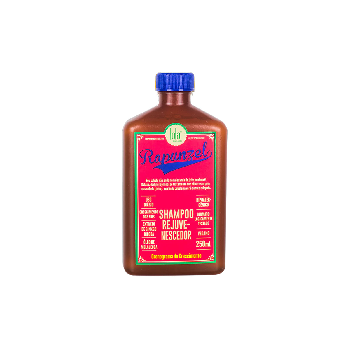 Lola Rapunzel Rejuvenating Shampoo 250ml in brown bottle with blue lid and colorful label in pink, yellow and green.