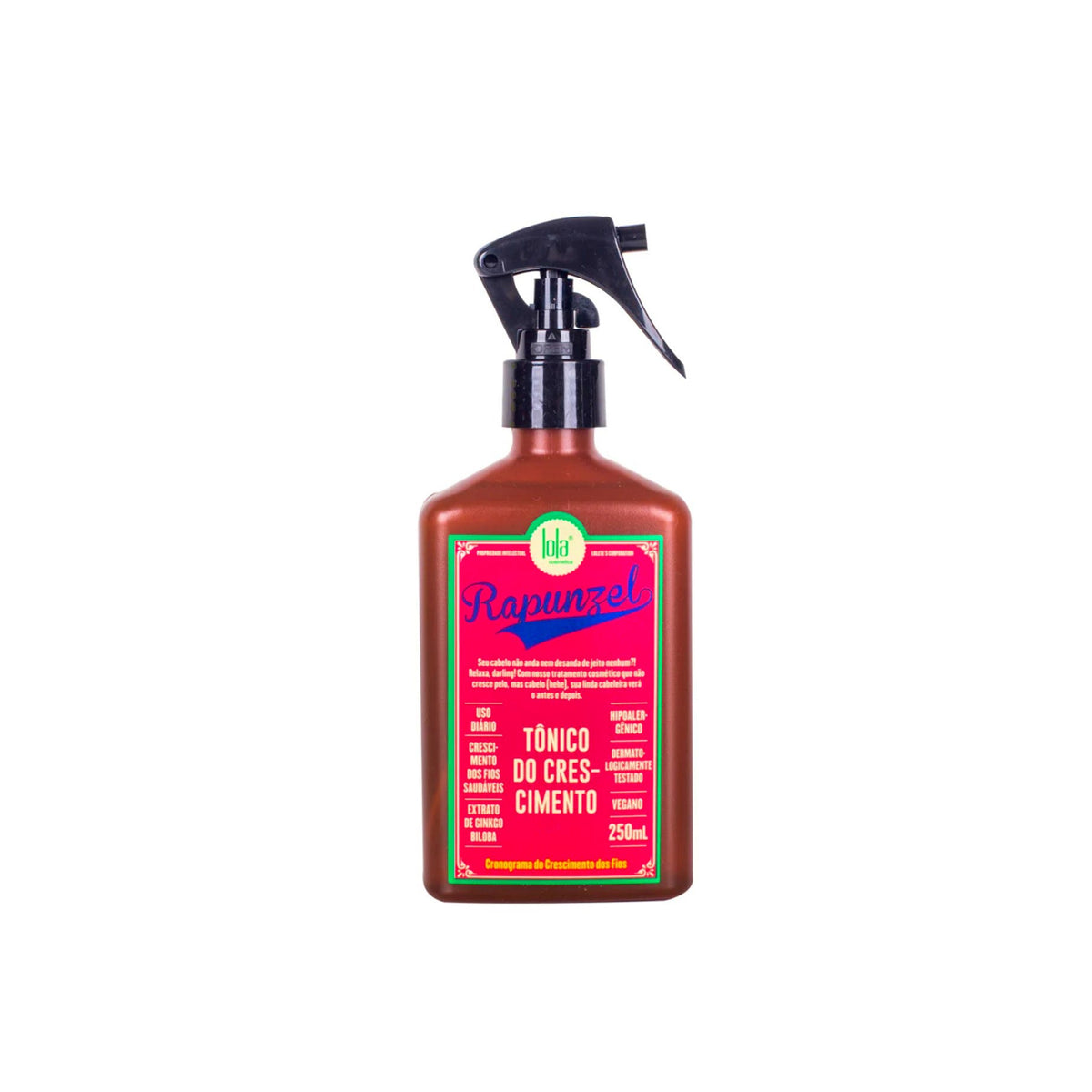 Brown spray bottle with Lola Rapunzel Hair Tonic Spray 250ml with red and green label for hair growth and daily use.