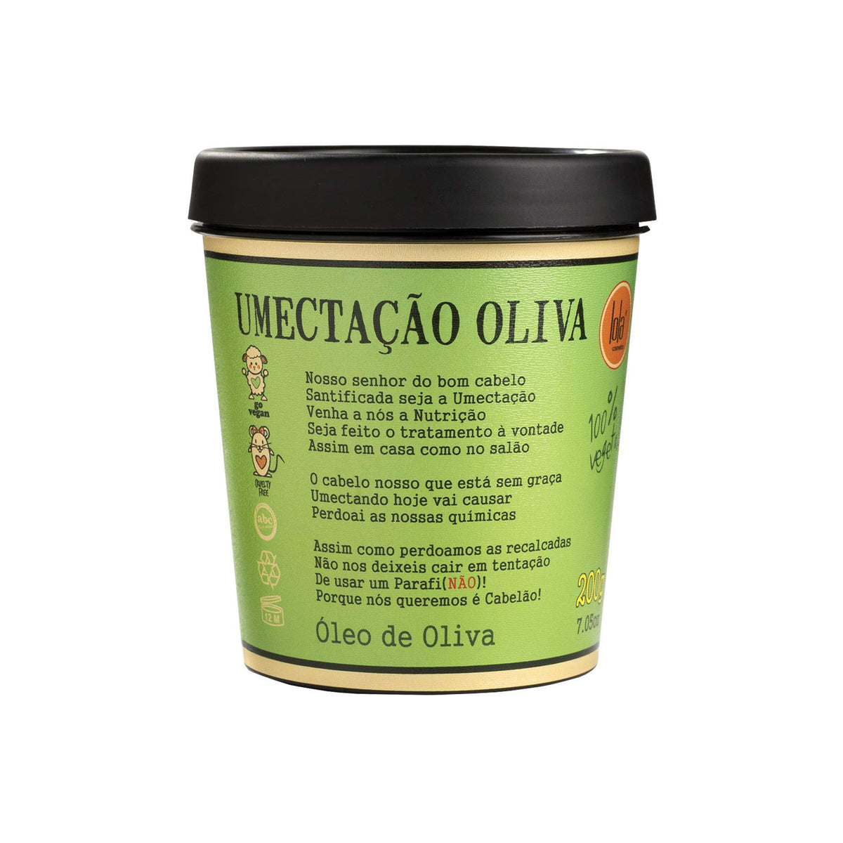 Green jar with hair treatment Lola Umectacao Oliva Mask 200ml, containing olive oil and 100% vegan ingredients.