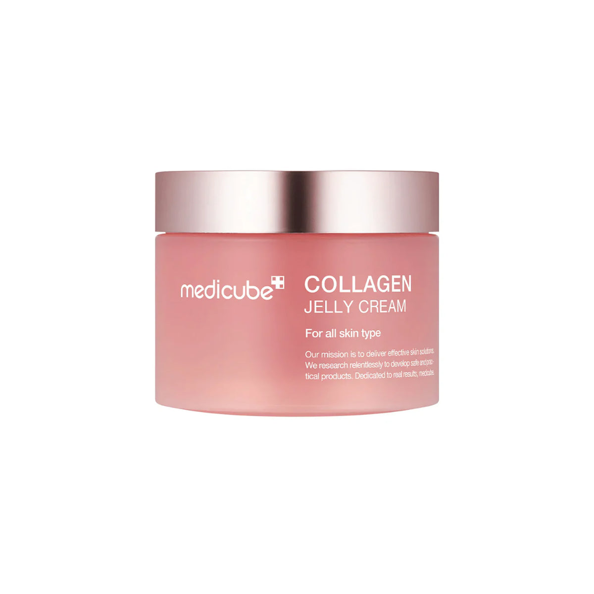Pink jar of Medicube Collagen Jelly Cream 110ml with silver lid for all skin types, standing on a white background.