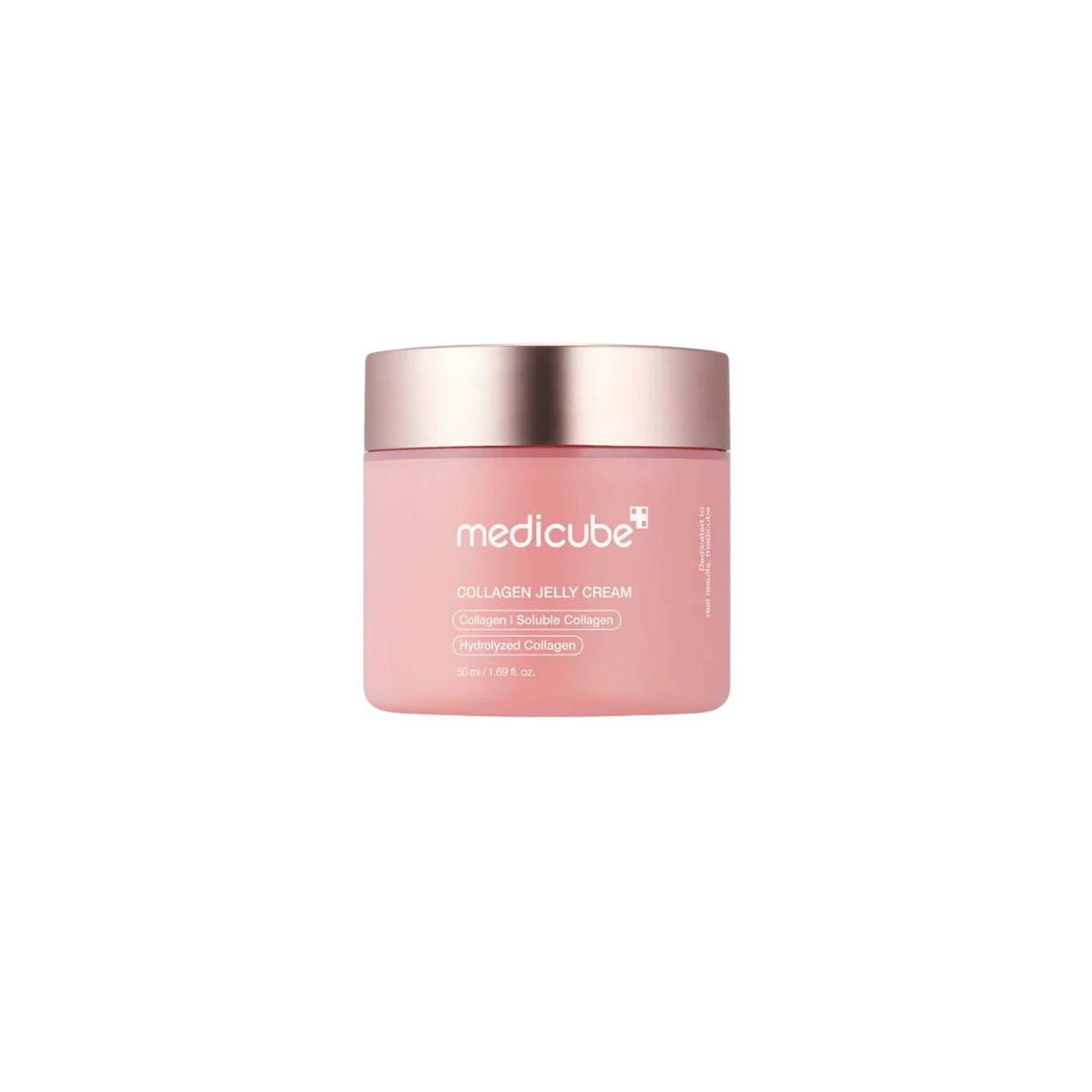 Pink jar with Medicube Collagen Jelly Cream 50ml with golden lid and clear product text on the front.