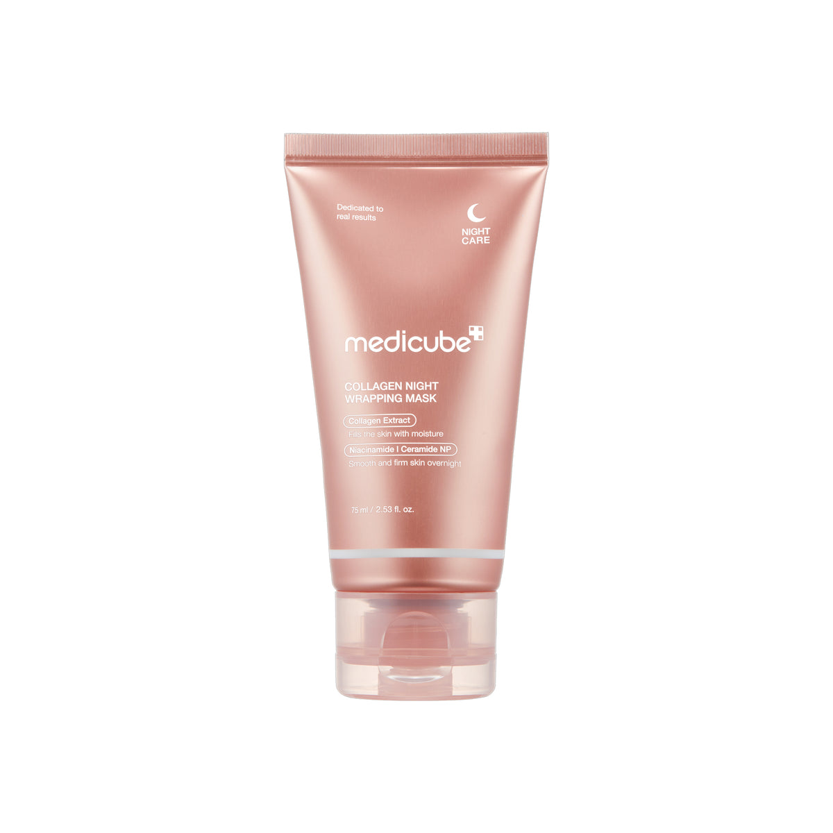 Pink tube with Medicube Collagen Night Wrapping Mask 75ml standing upright against white background.