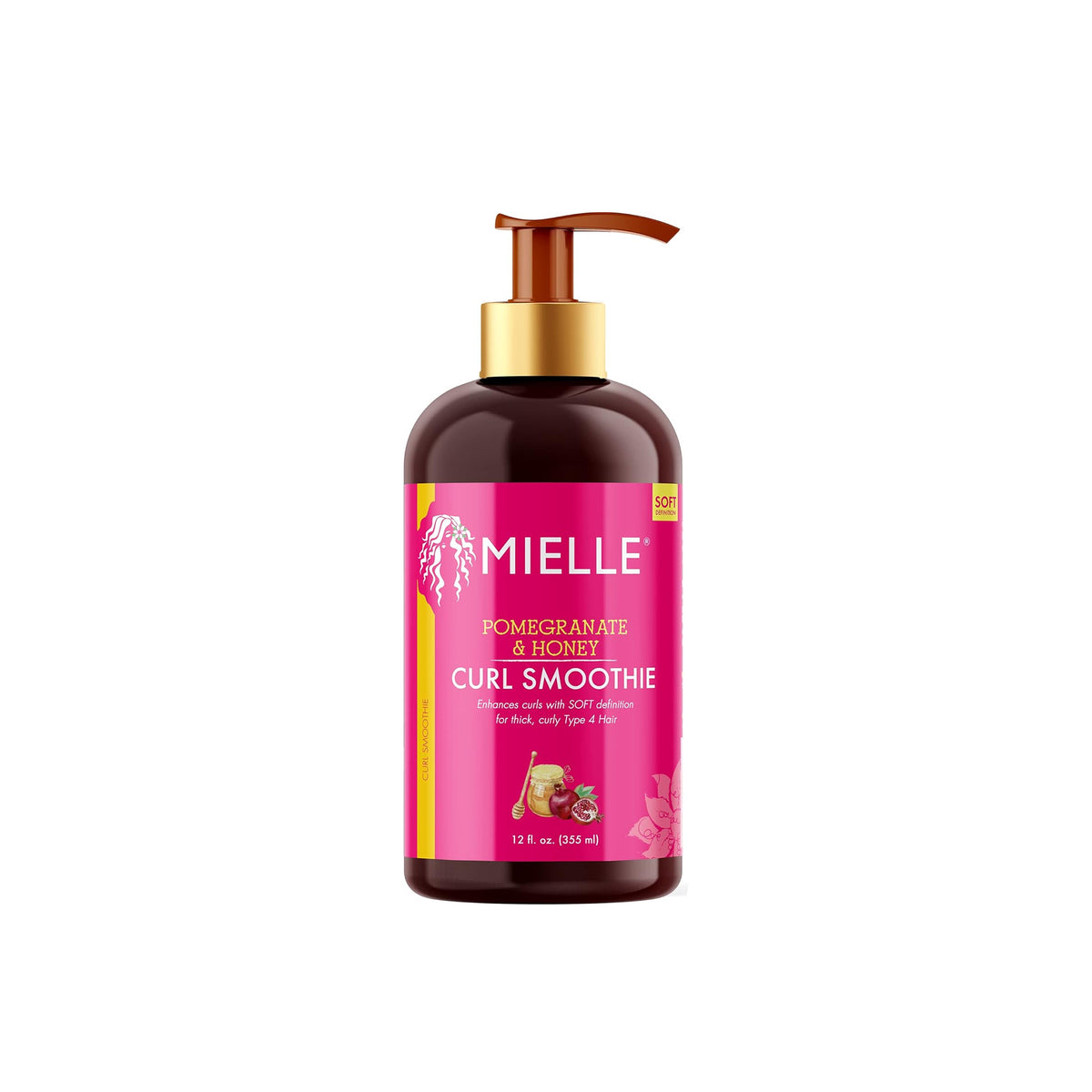 Brown bottle with gold pump with Mielle Pomegranate & Honey Curl Smoothie (355 ml) and pink label with image of pomegranate and honey.