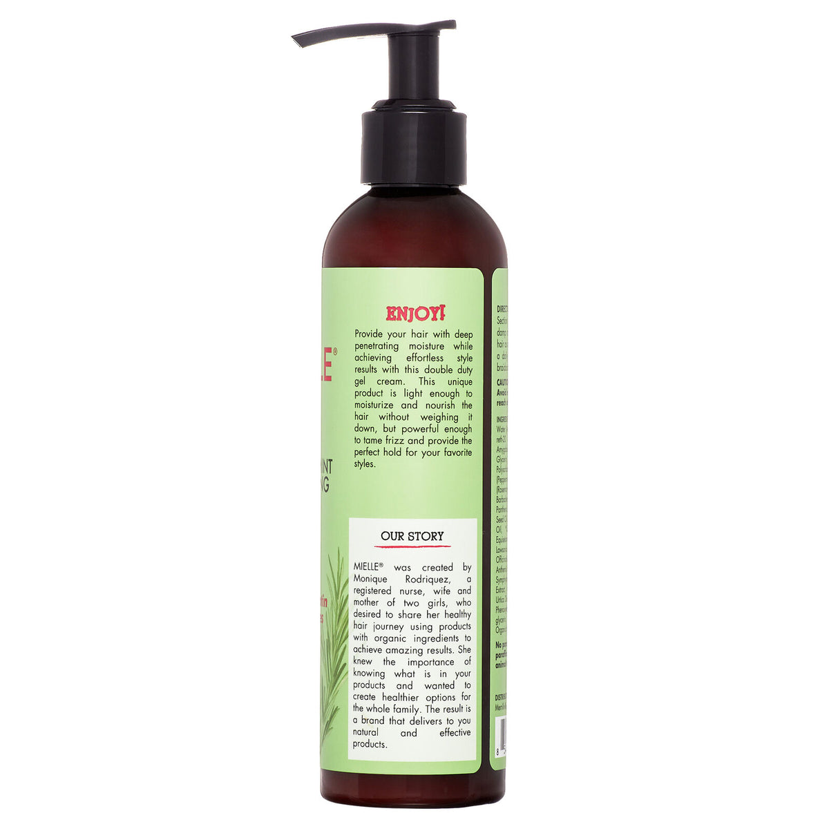 Back of Mielle Rosemary Mint Multi-Vitamin Daily Styling Crème (240 ml) with product description and company history.